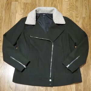 a.n.a Olive Green Wool Blend Moto Jacket with Cream Sherpa Collar Womens XL